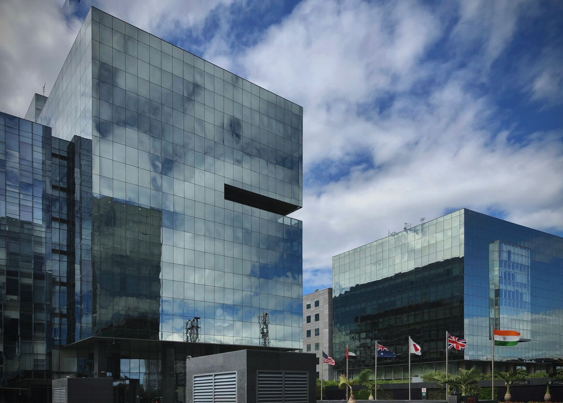 Modern glass office buildings in an Indian commercial district