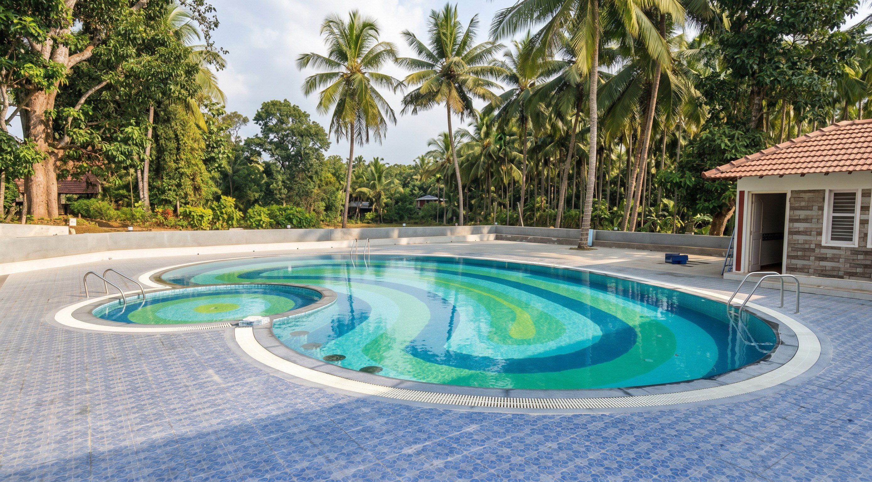Pool und Palmen im Banana County Resort in Yellapur, Karnataka
