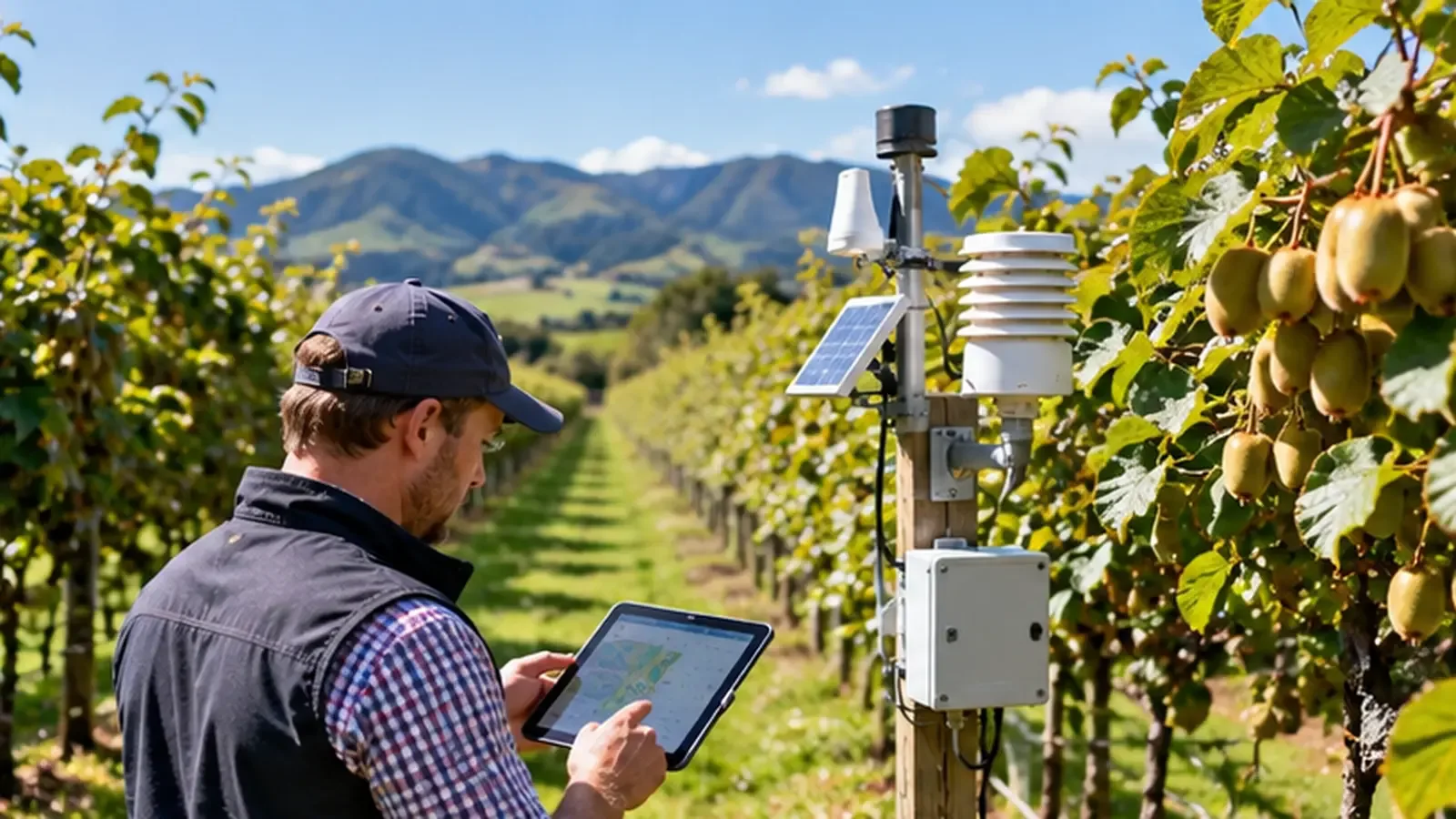 Concept of a grower using a tablet beside orchard monitoring equipment