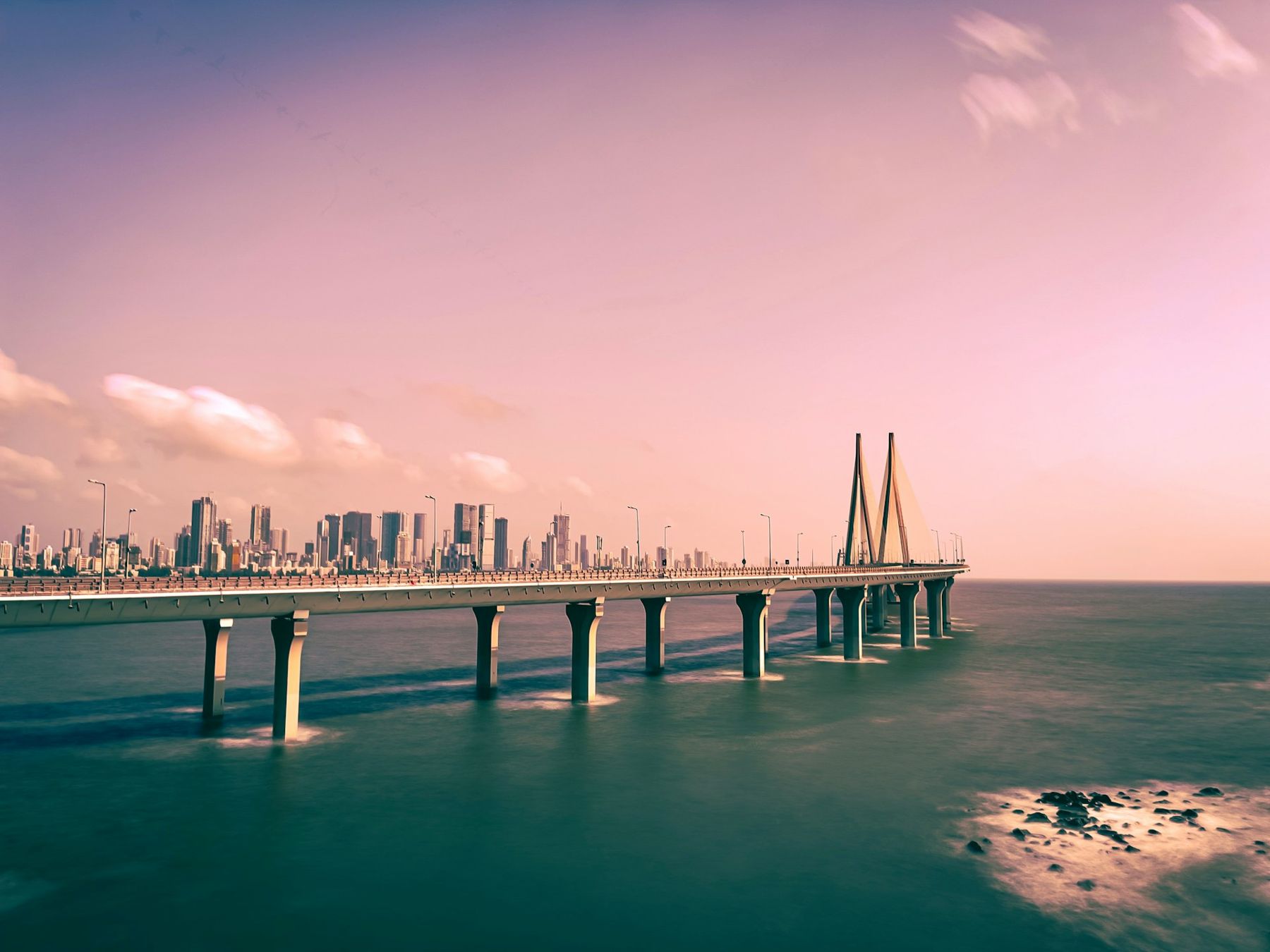 Mumbai skyline and the Bandra–Worli Sea Link at dusk