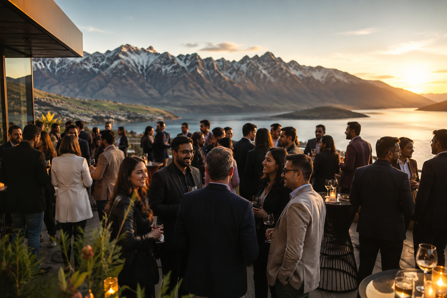 Corporate group networking at sunset overlooking Lake Wakatipu and The Remarkables