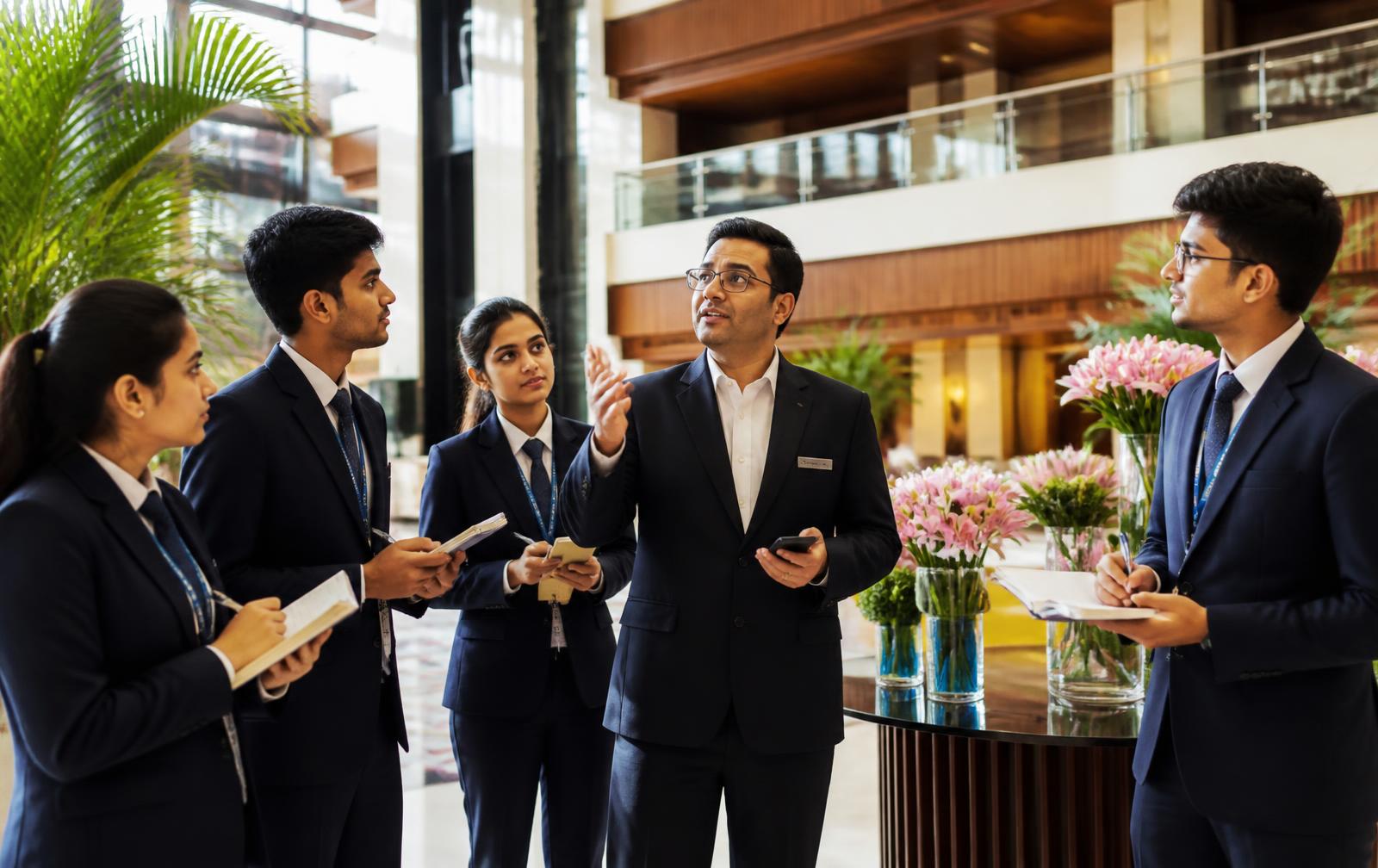 Travel academy learners inspecting hotel operations with a mentor during a field lab