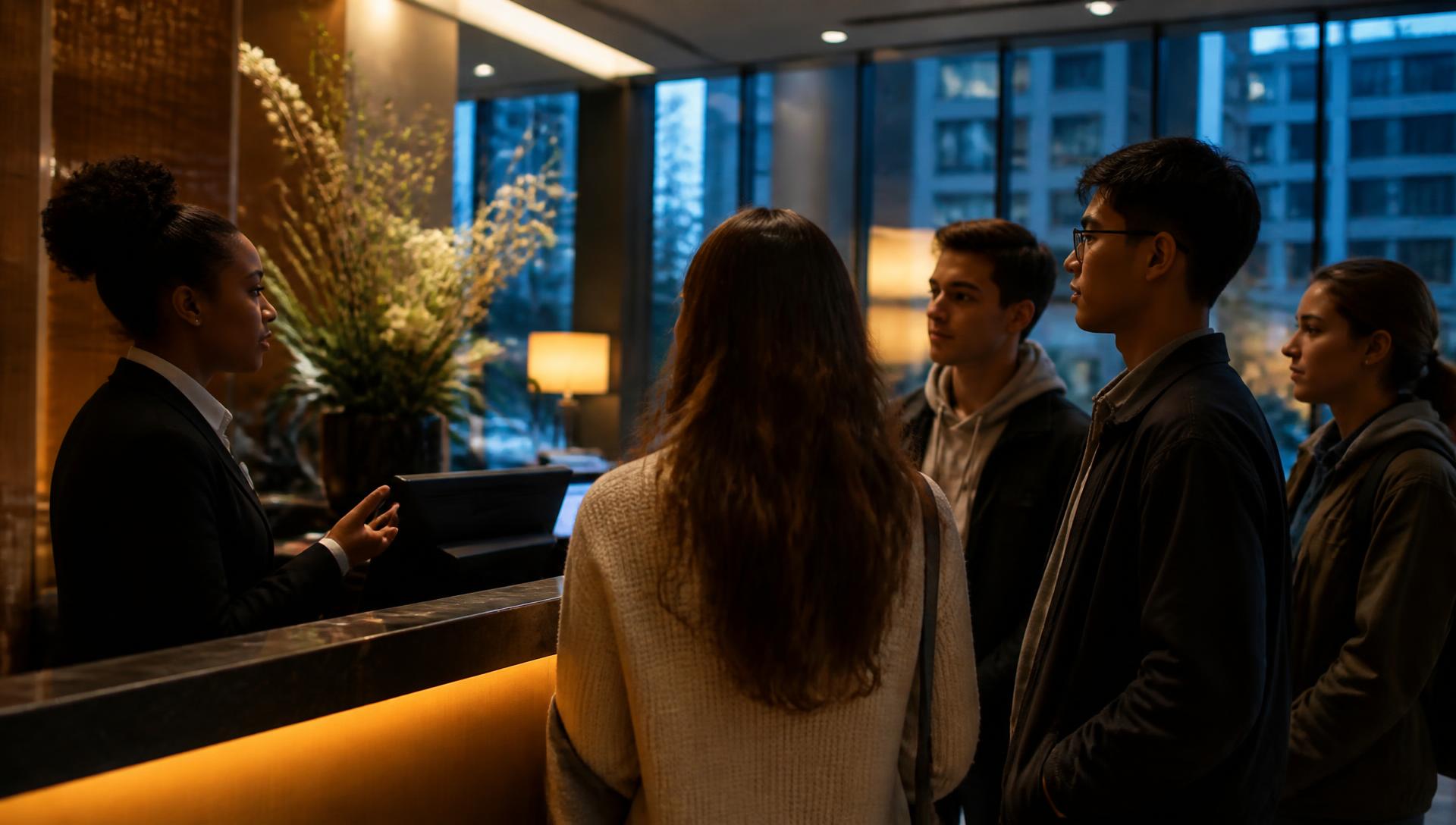 Young adults observing a hotel front-office team during a Journey Forward exposure visit