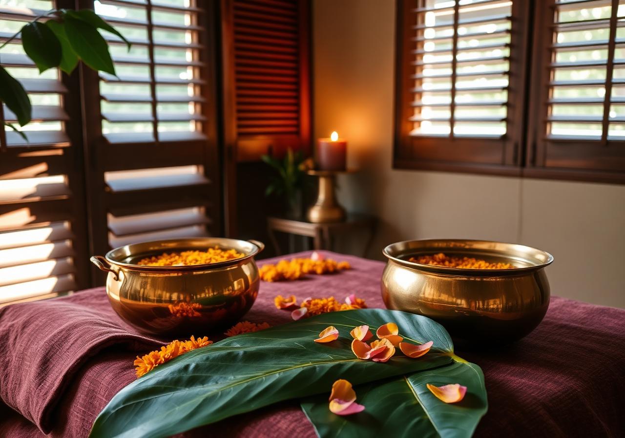 Customised Panchakarma therapy room with copper vessels and banana leaf