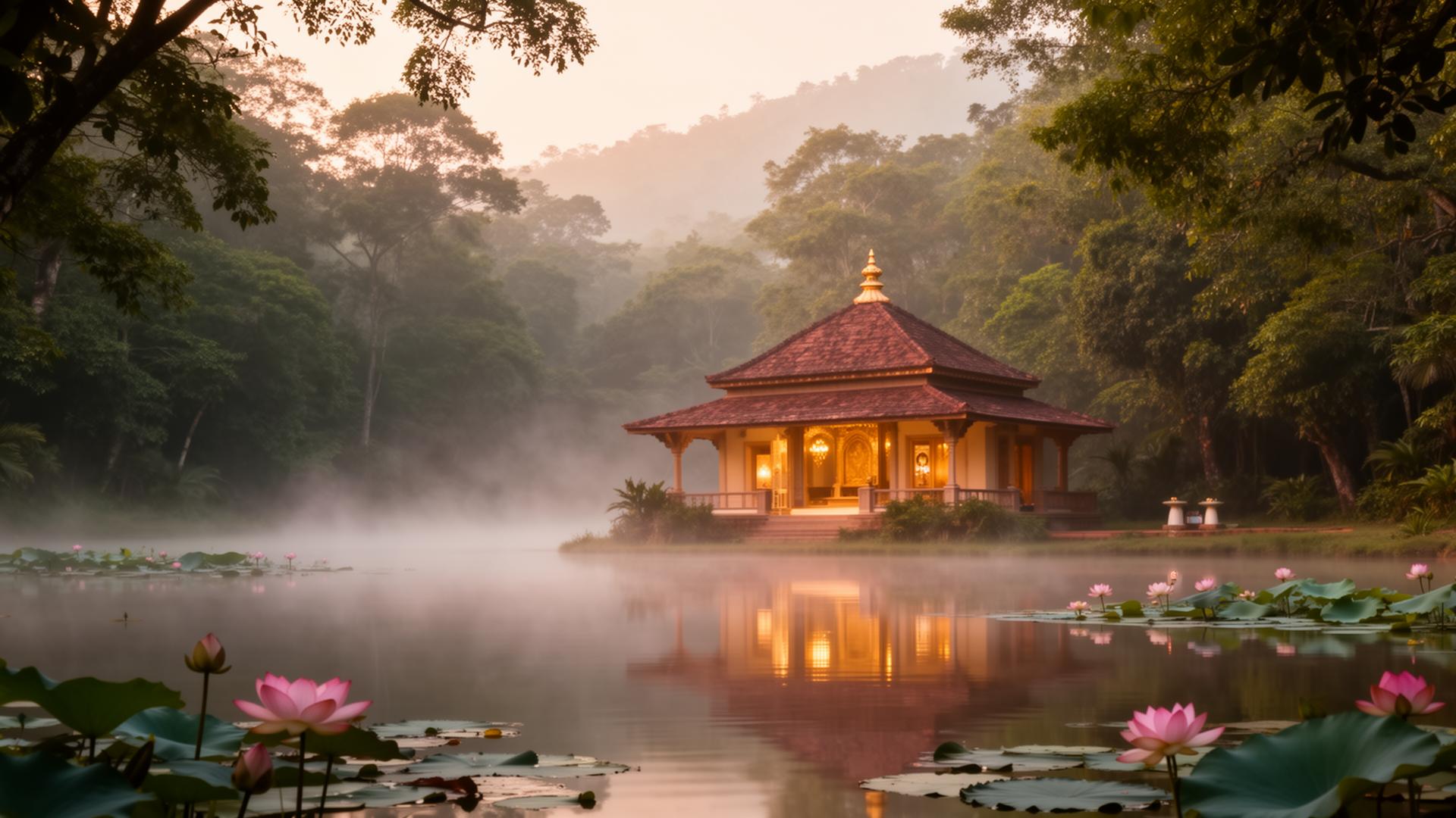 Forest pavilion at dawn with lotus pond — Shakti Reclaimed retreat in Yellapur